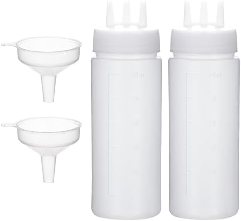 Uceoo 2 Pack Condiment Squeeze Bottles with 3 Hole Nozzles and 2 Funnels