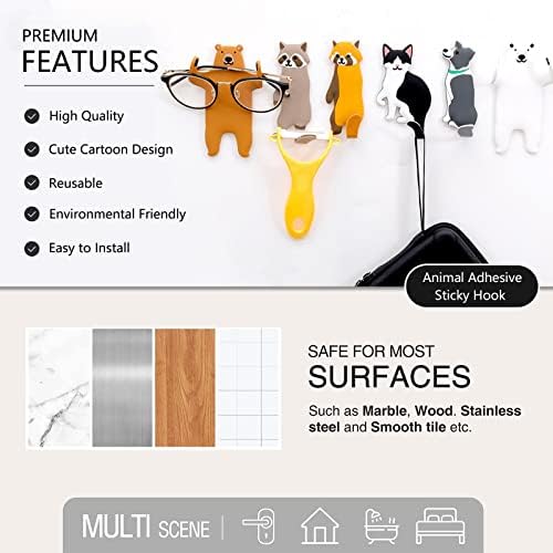 YISTOS Cute Animal Wall Hooks 3Pcs Cat Dog Adhesive White