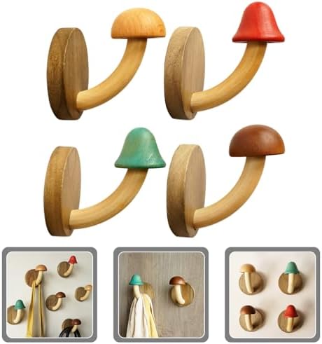 PRETYZOOM 4pcs Wooden Mushroom Wall Hooks 1