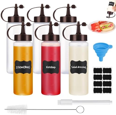 6 Pack 8 oz Condiment Squeeze Bottles with Black Caps and Funnel