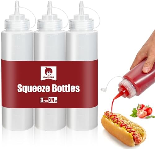 OAMCEG 3 Pack 24 Oz Ketchup Squeeze Bottles with BPA Free Discrete Measurements
