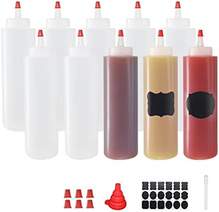 10 Pack 12-Ounce Plastic Squeeze Bottles with Red Tips and Funnel