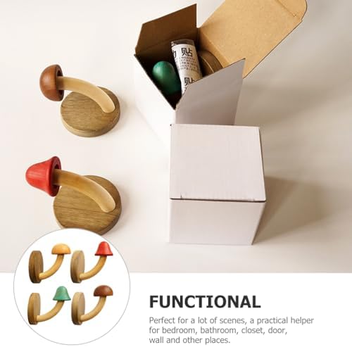 PRETYZOOM 4pcs Wooden Mushroom Wall Hooks 1