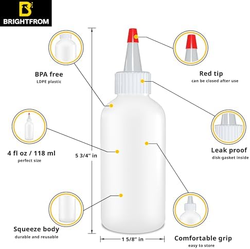 BRIGHTFROM 4 Oz Squeeze Bottles - Pack of 4 Red Top