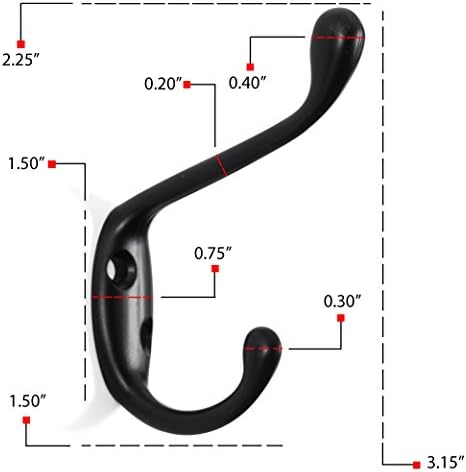 Brightmaison 6 Pack Heavy Duty Dual 35 Inch Coat Hooks Black