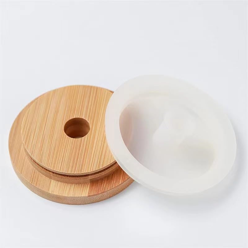TOUSHI 4Pcs Bamboo Mason Jar Lids with Straw Hole