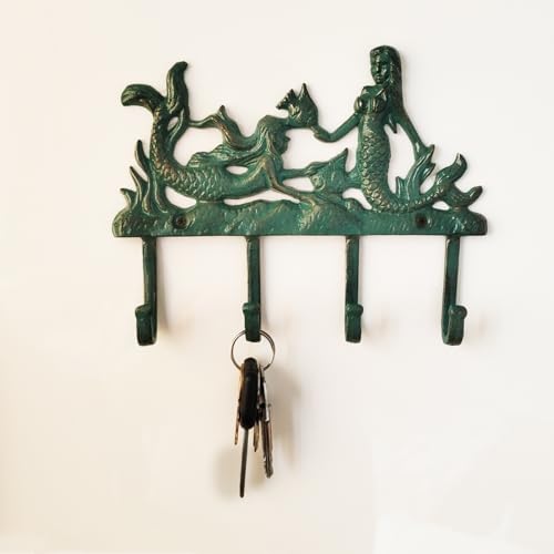 Rustic Cast Iron Mermaid Wall Hook with 4 Hooks