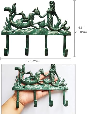 Rustic Cast Iron Mermaid Wall Hook with 4 Hooks