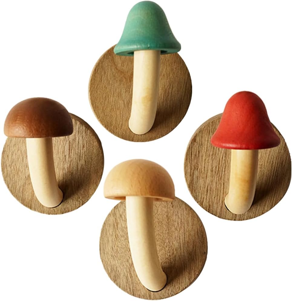 PRETYZOOM 4pcs Wooden Mushroom Wall Hooks 1