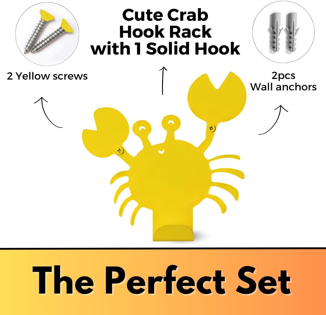 Cute Crab Wall Hook Yellow Heavy-Duty Metal