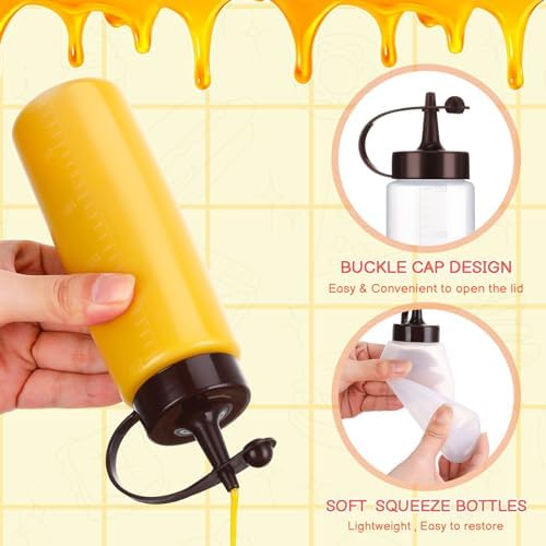6 Pack 8 oz Condiment Squeeze Bottles with Black Caps and Funnel