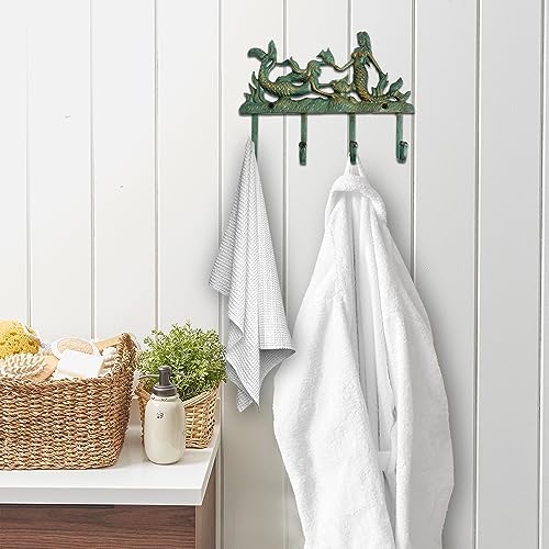Rustic Cast Iron Mermaid Wall Hook with 4 Hooks