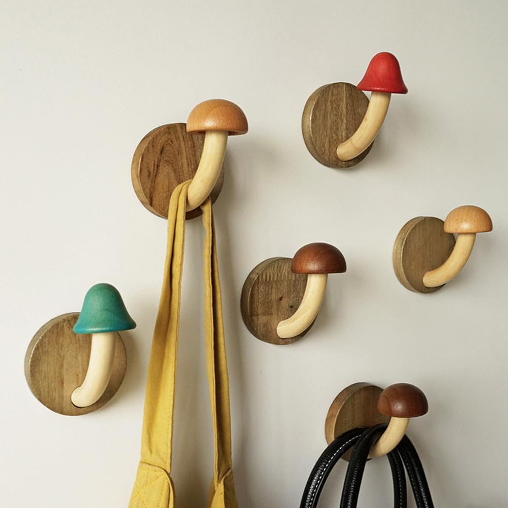 PRETYZOOM 4pcs Wooden Mushroom Wall Hooks 1