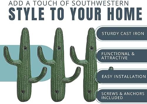 Comfify Rustic Green Cactus Cast Iron Hook Set of 3