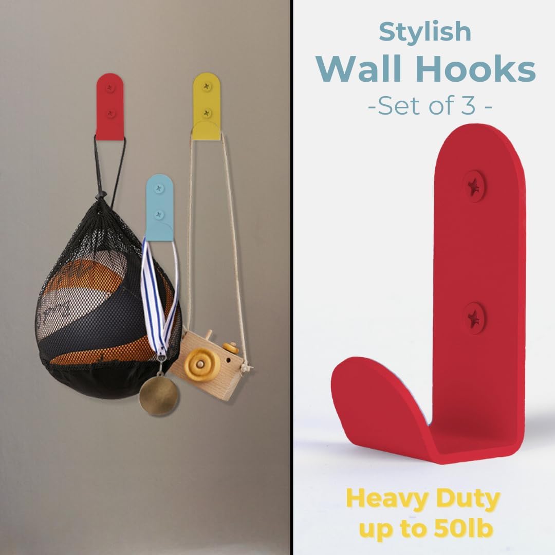 Colourful Heavy-Duty Wall Hooks Set of 3 - Stylish Sturdy