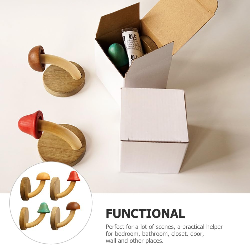 PRETYZOOM 4pcs Wooden Mushroom Wall Hooks 1