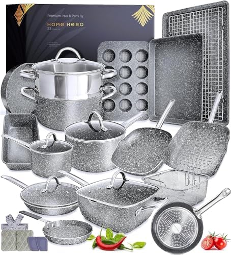 Home Hero Salt Pepper Grinder with 23 Pcs Granite Cookware Set