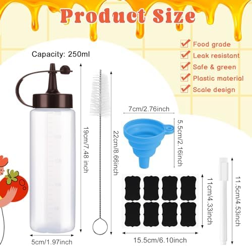 6 Pack 8 oz Condiment Squeeze Bottles with Black Caps and Funnel