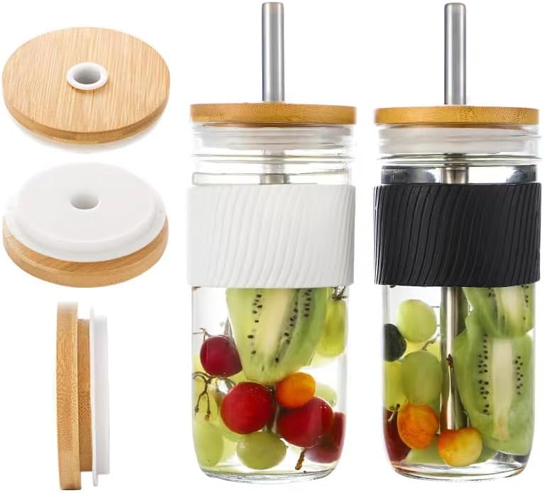 TOUSHI 4Pcs Bamboo Mason Jar Lids with Straw Hole