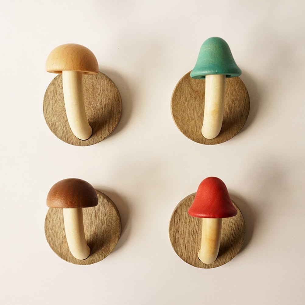 PRETYZOOM 4pcs Wooden Mushroom Wall Hooks 1