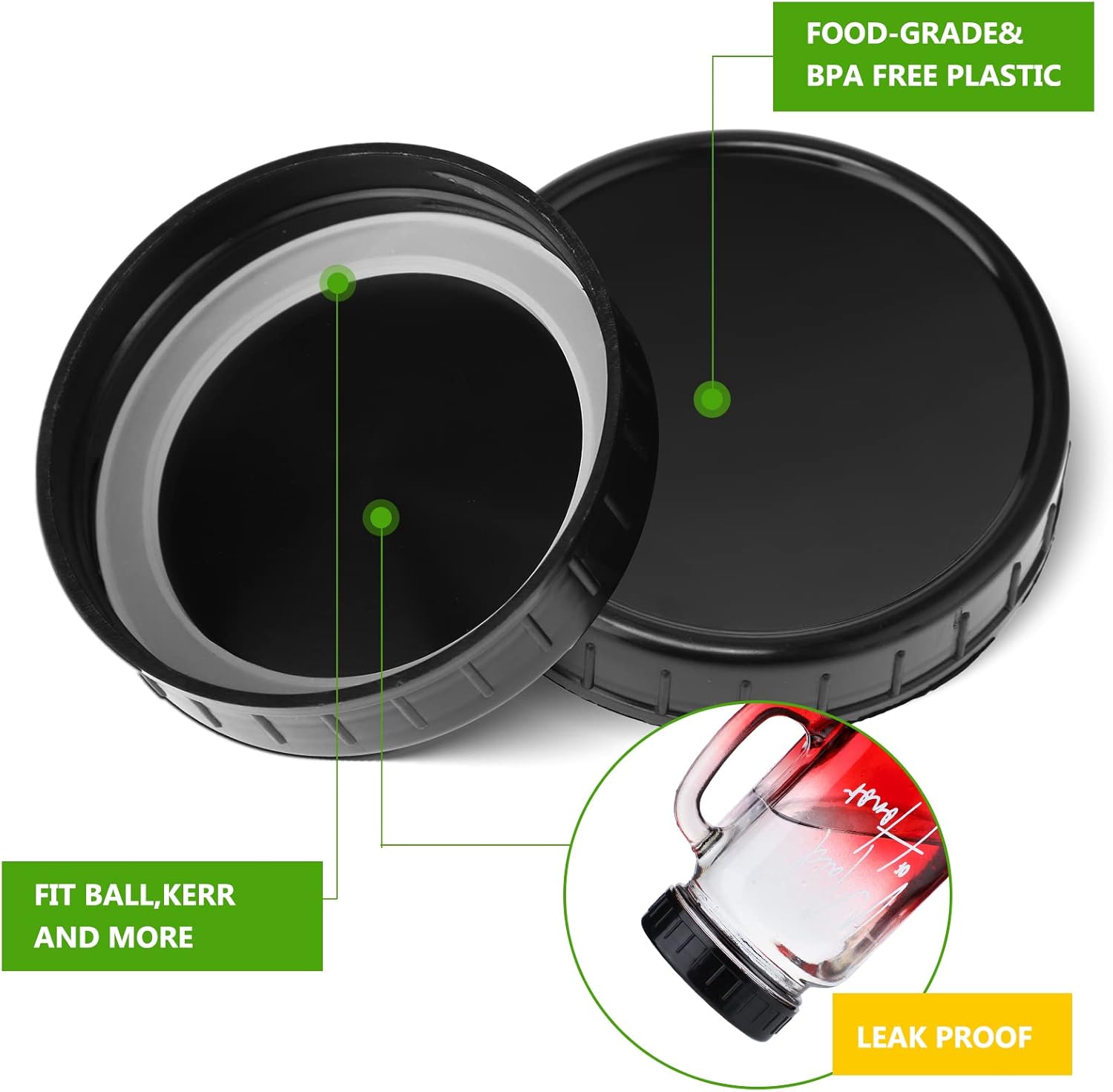 Inbagi 30 Pcs Mason Jar Plastic Lids with Rubber Seal Black