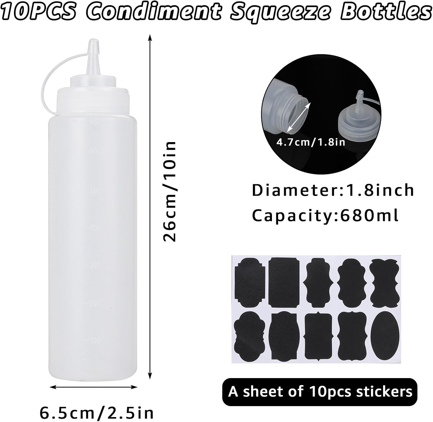 LANIAKEA 10PCS 24oz Condiment Squeeze Bottles with Twist Cap Lid Label
