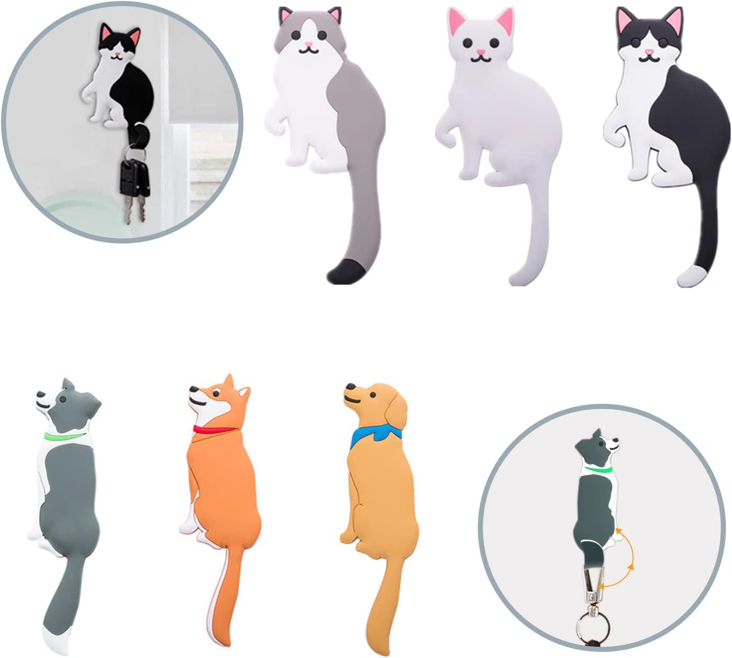 YISTOS Cute Animal Wall Hooks 3Pcs Cat Dog Adhesive White