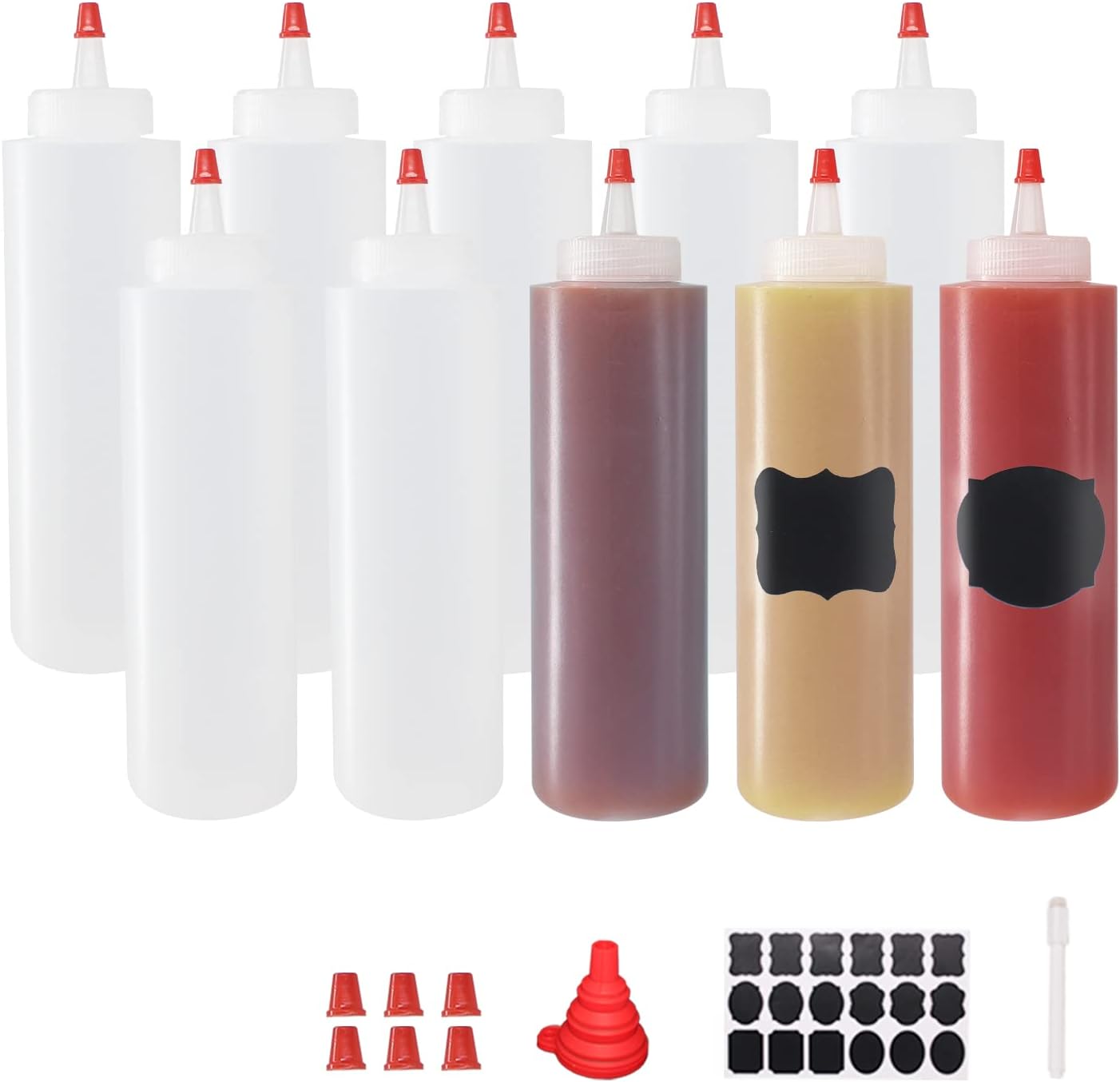 10 Pack 12-Ounce Plastic Squeeze Bottles with Red Tips and Funnel