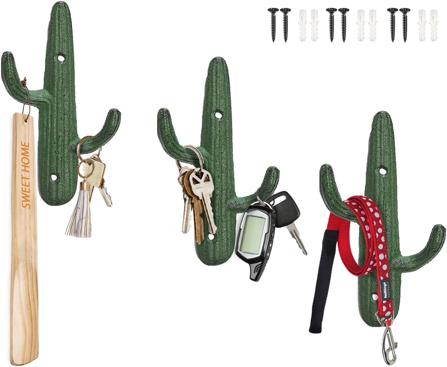 Comfify Rustic Green Cactus Cast Iron Hook Set of 3