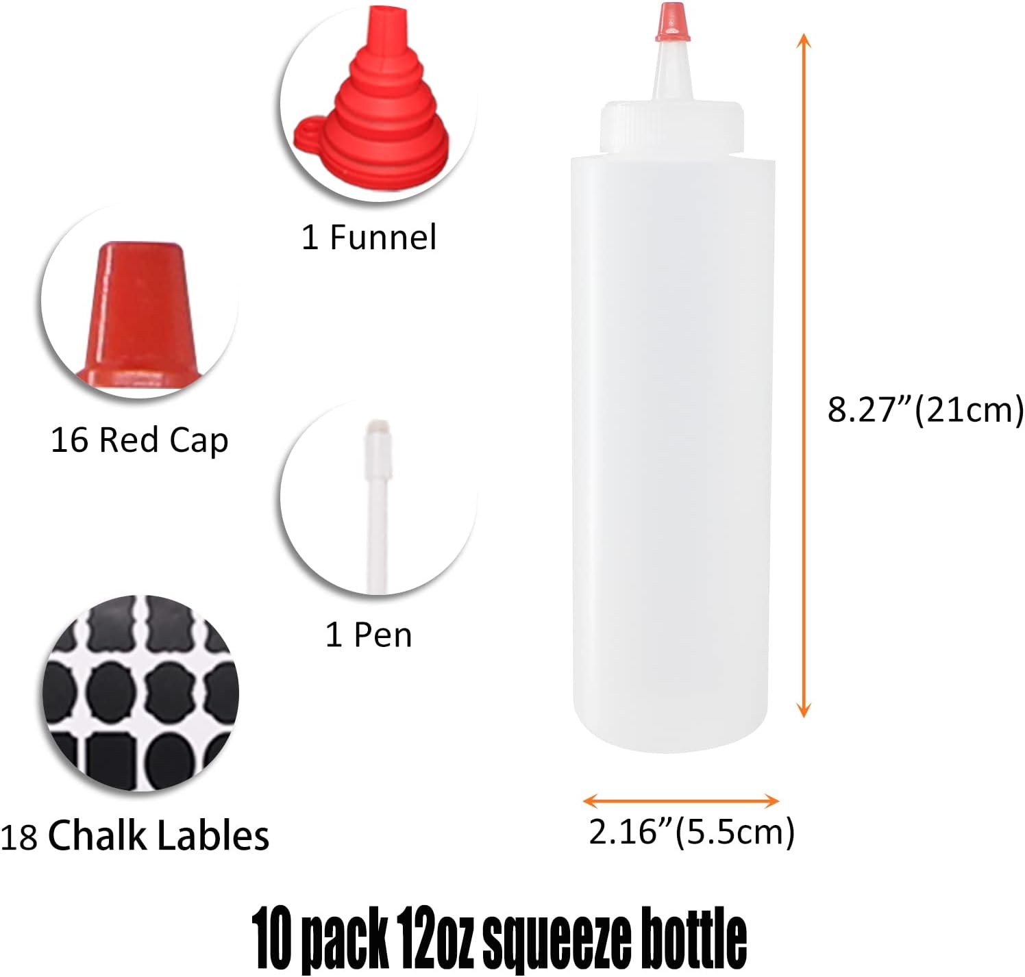 10 Pack 12-Ounce Plastic Squeeze Bottles with Red Tips and Funnel