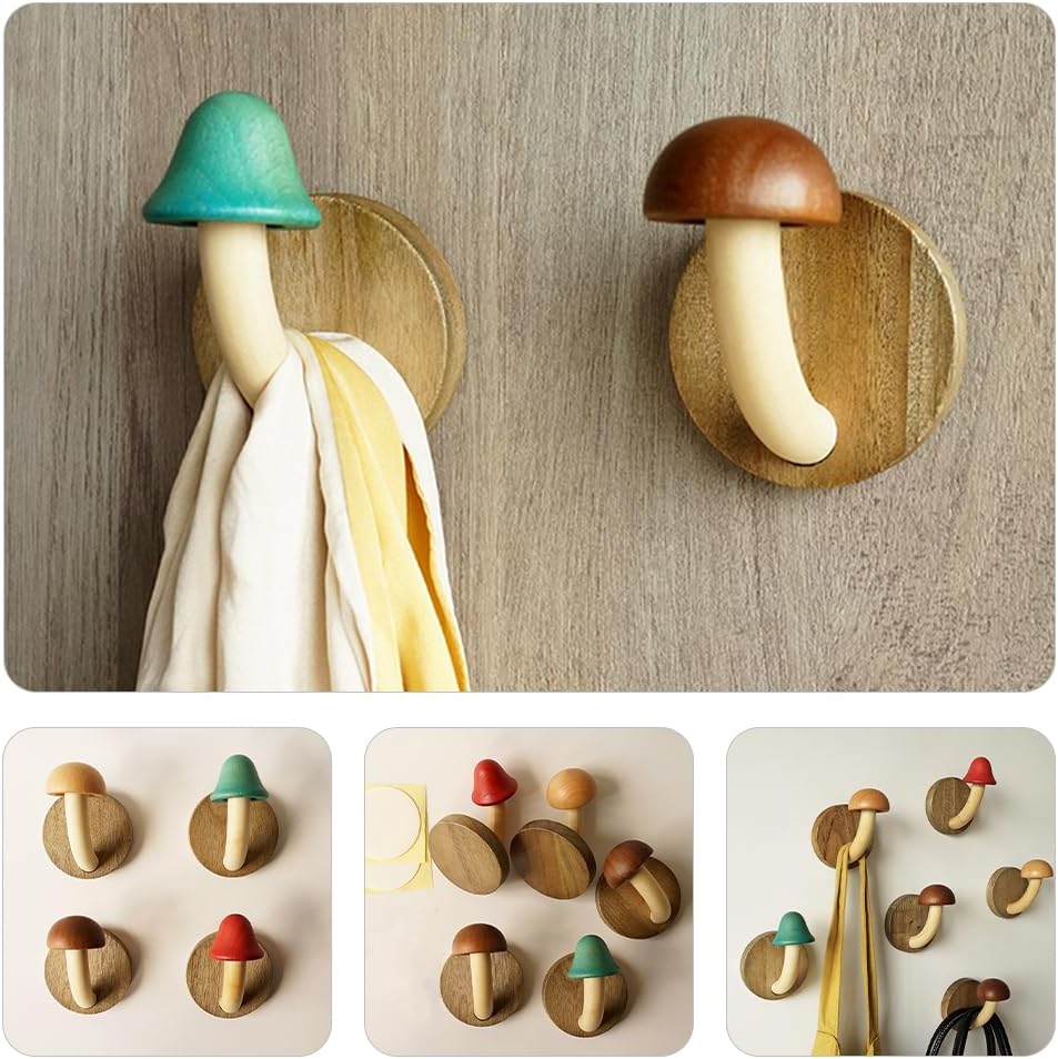 PRETYZOOM 4pcs Wooden Mushroom Wall Hooks 1