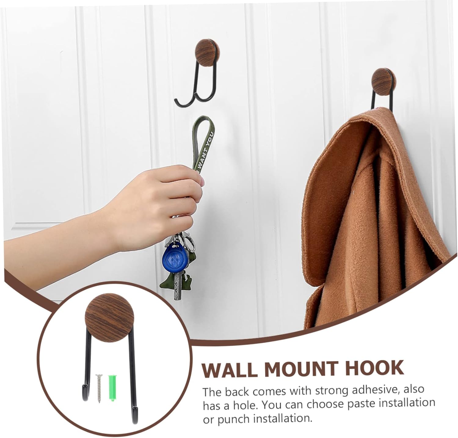 Happyyami Heavy Duty Self-Adhesive Coat Hook with Walnut Grain Design