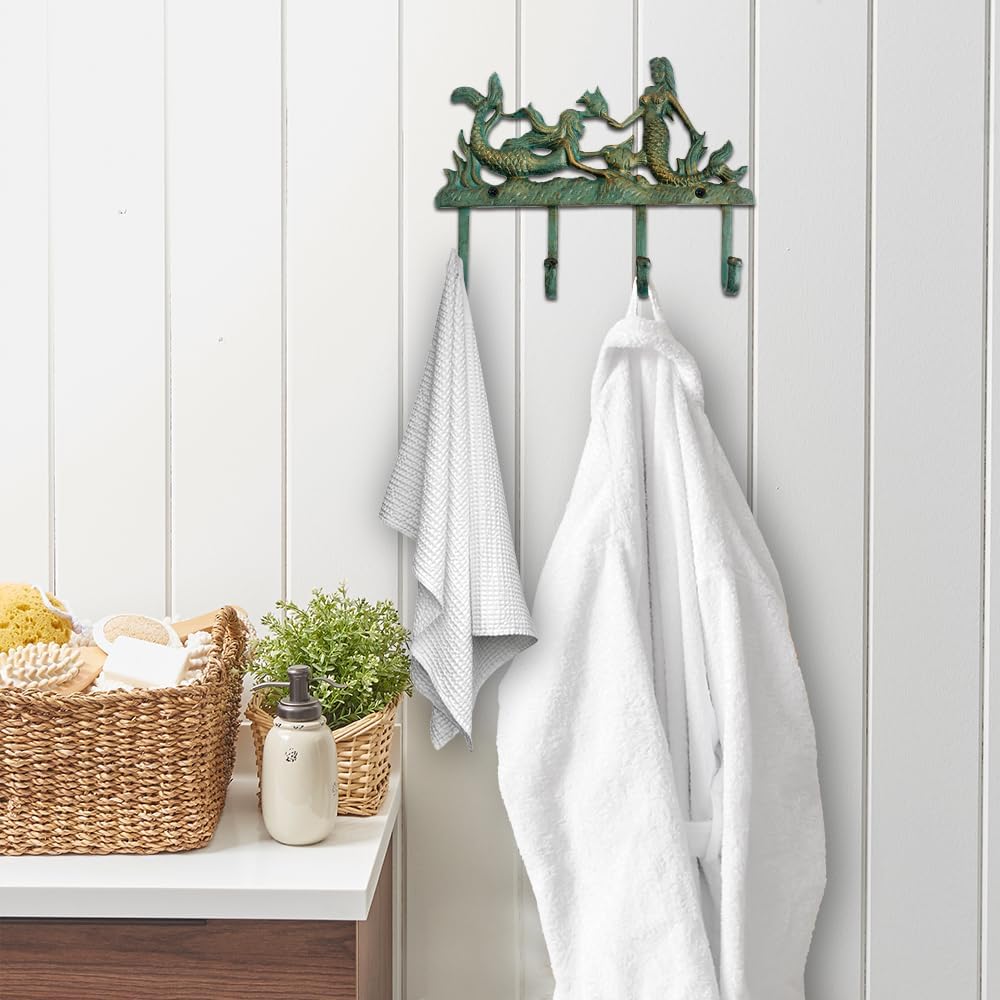 Rustic Cast Iron Mermaid Wall Hook with 4 Hooks