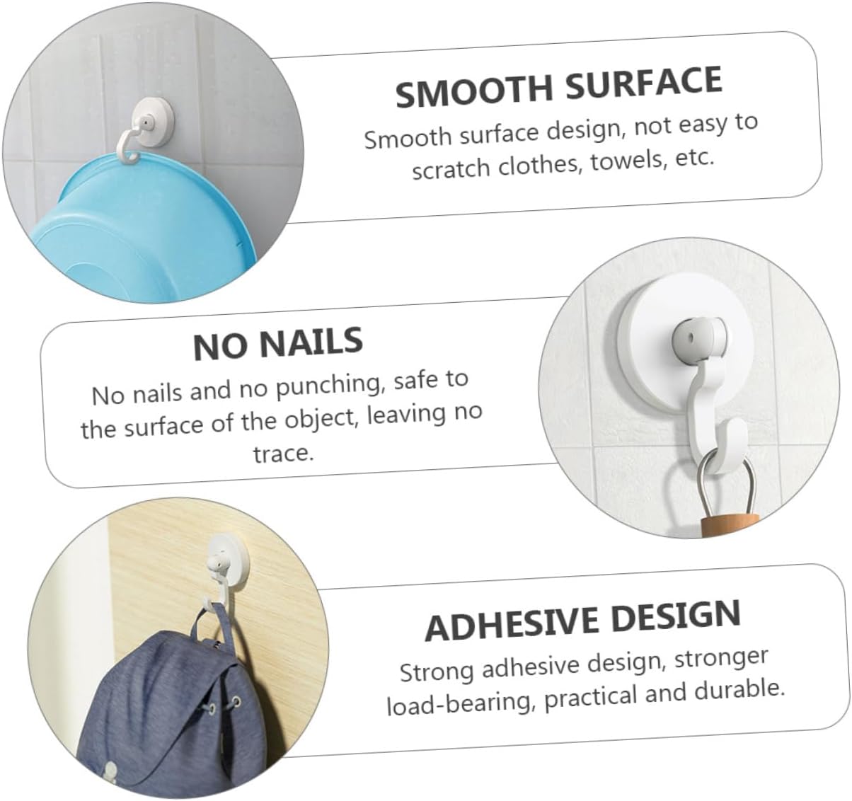 VILLFUL Adhesive Shower Door Hooks 3pcs Heavy Duty