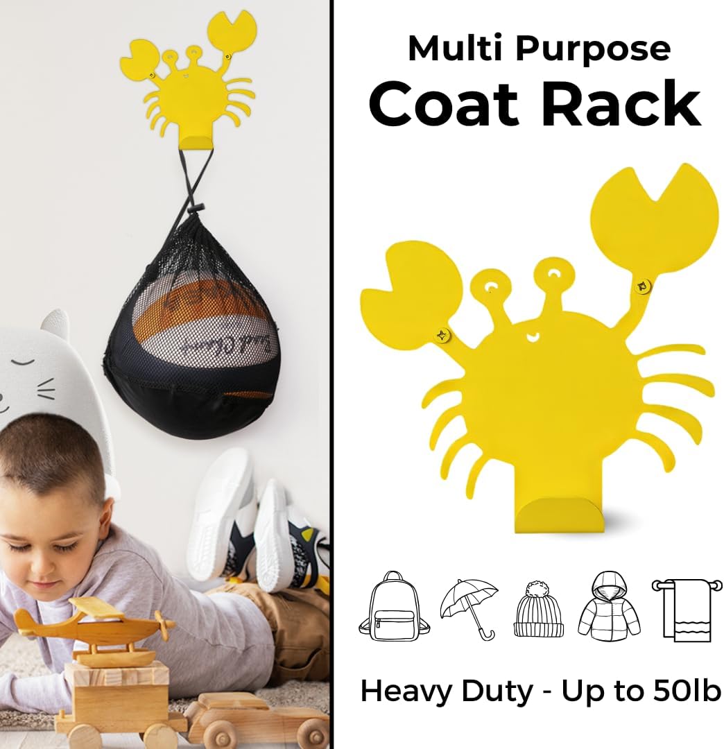 Cute Crab Wall Hook Yellow Heavy-Duty Metal