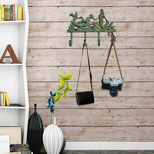 Rustic Cast Iron Mermaid Wall Hook with 4 Hooks