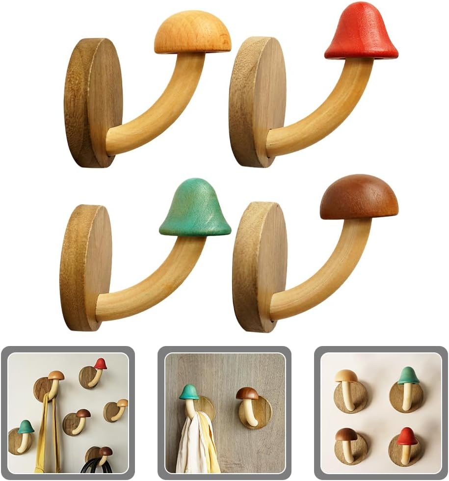 PRETYZOOM 4pcs Wooden Mushroom Wall Hooks 1