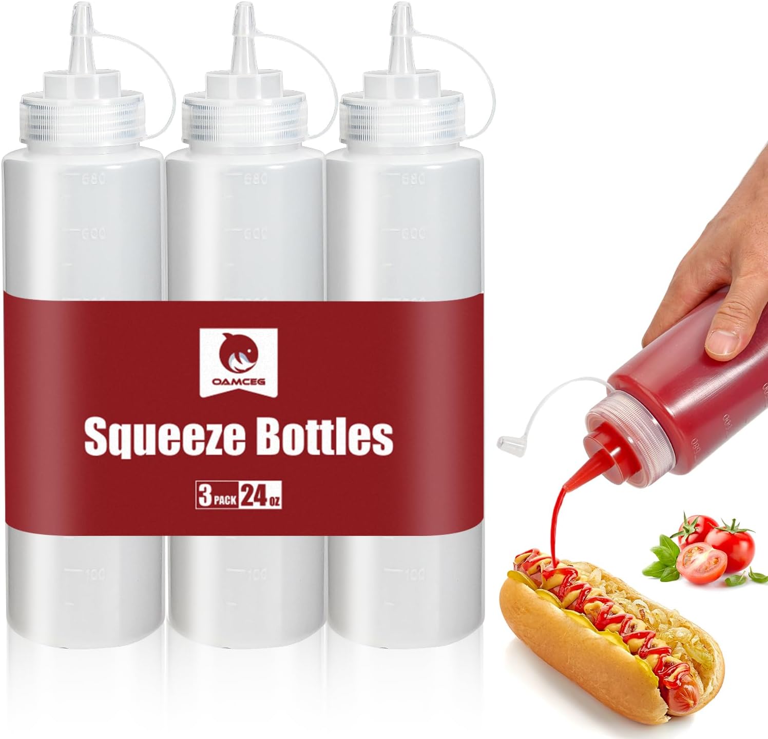 OAMCEG 3 Pack 24 Oz Ketchup Squeeze Bottles with BPA Free Discrete Measurements