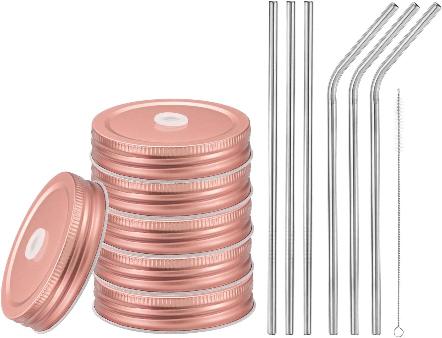 uxcell 13pcs Rose Gold Mason Jar Lids with Straw Hole and Cleaning Brush