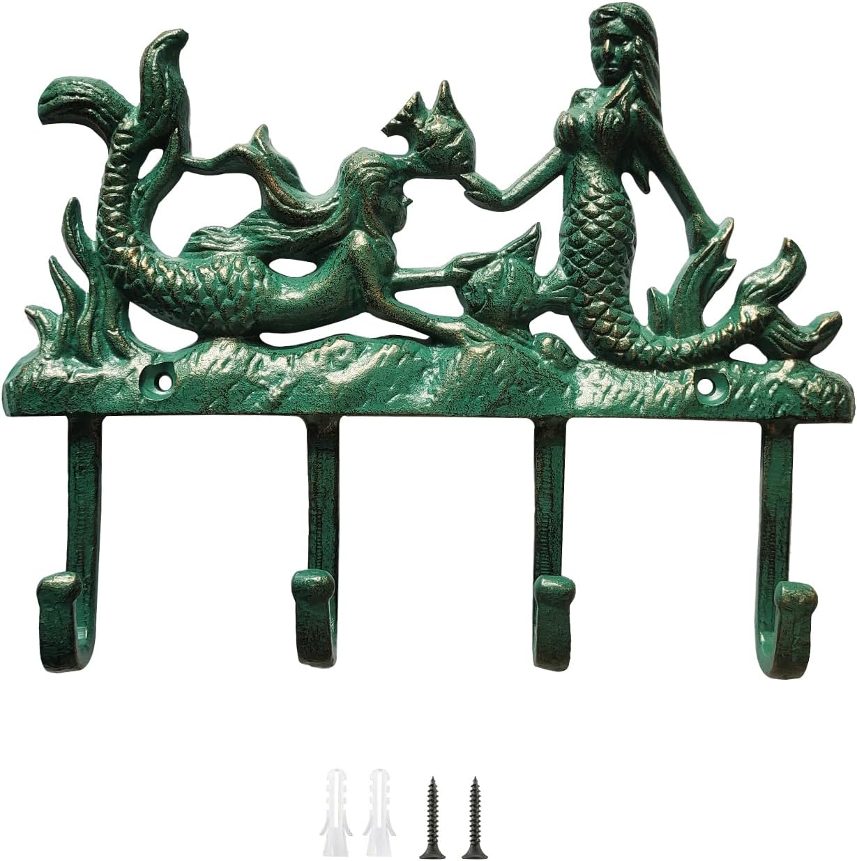 Rustic Cast Iron Mermaid Wall Hook with 4 Hooks