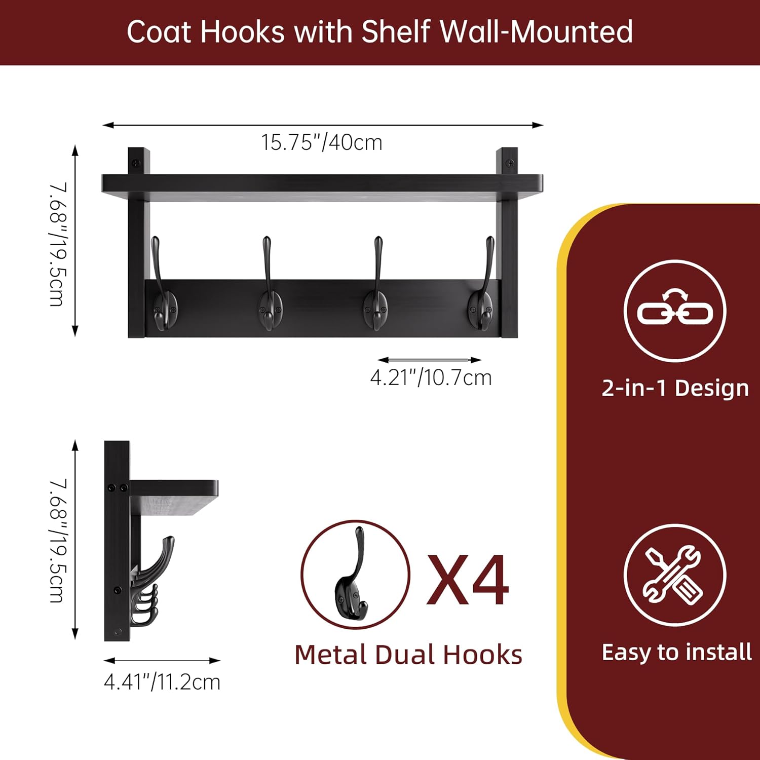 Stellstar Bamboo Coat Rack with 8 Hooks 2-Pack Black