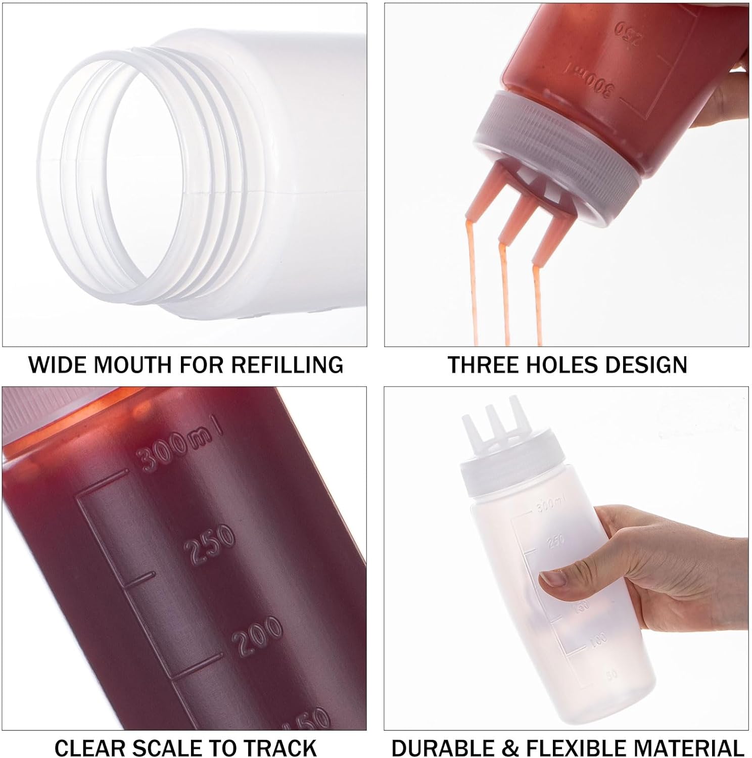 Uceoo 2 Pack Condiment Squeeze Bottles with 3 Hole Nozzles and 2 Funnels