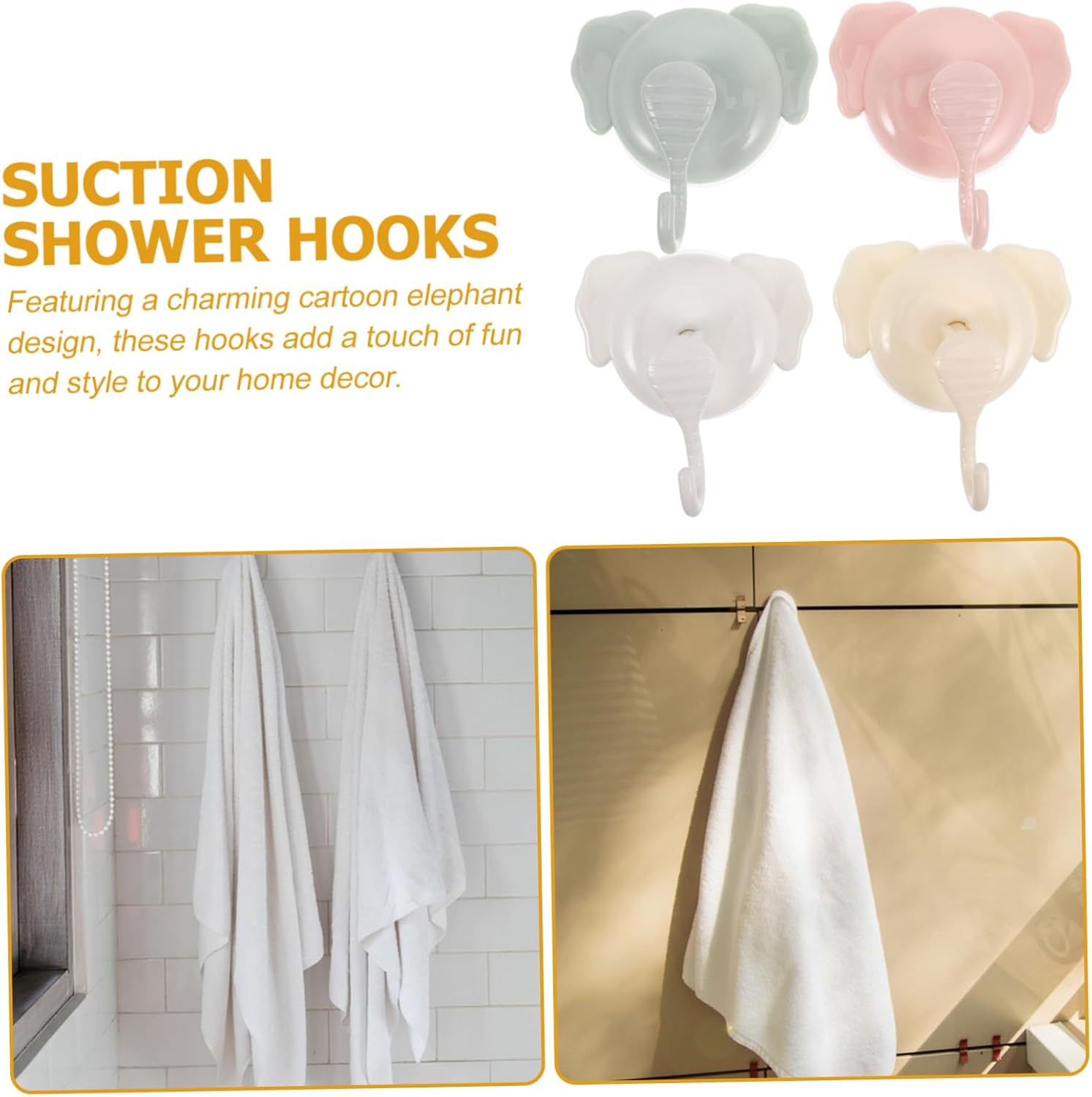 4Pcs Cute Elephant Suction Cup Hooks No Drill Bathroom Wall Hooks