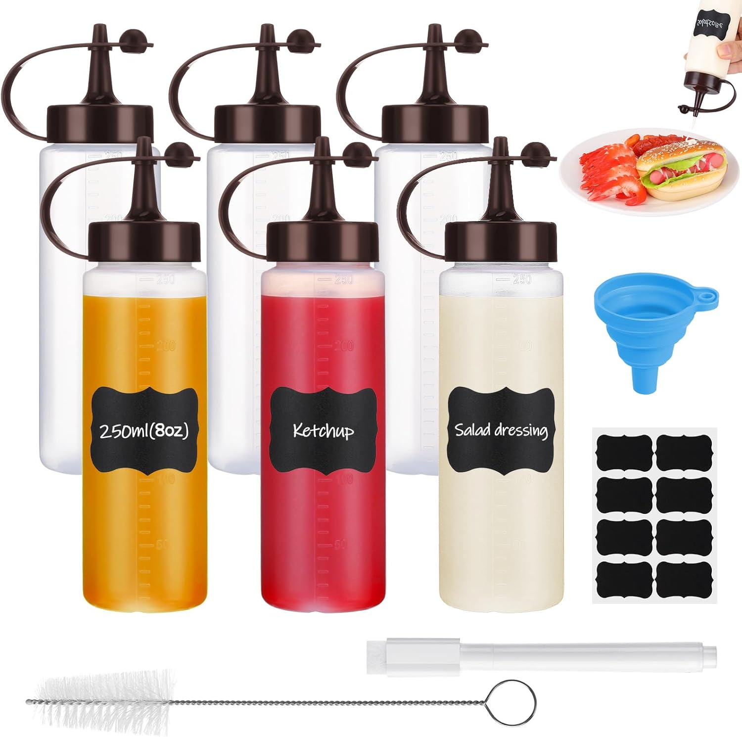 6 Pack 8 oz Condiment Squeeze Bottles with Black Caps and Funnel