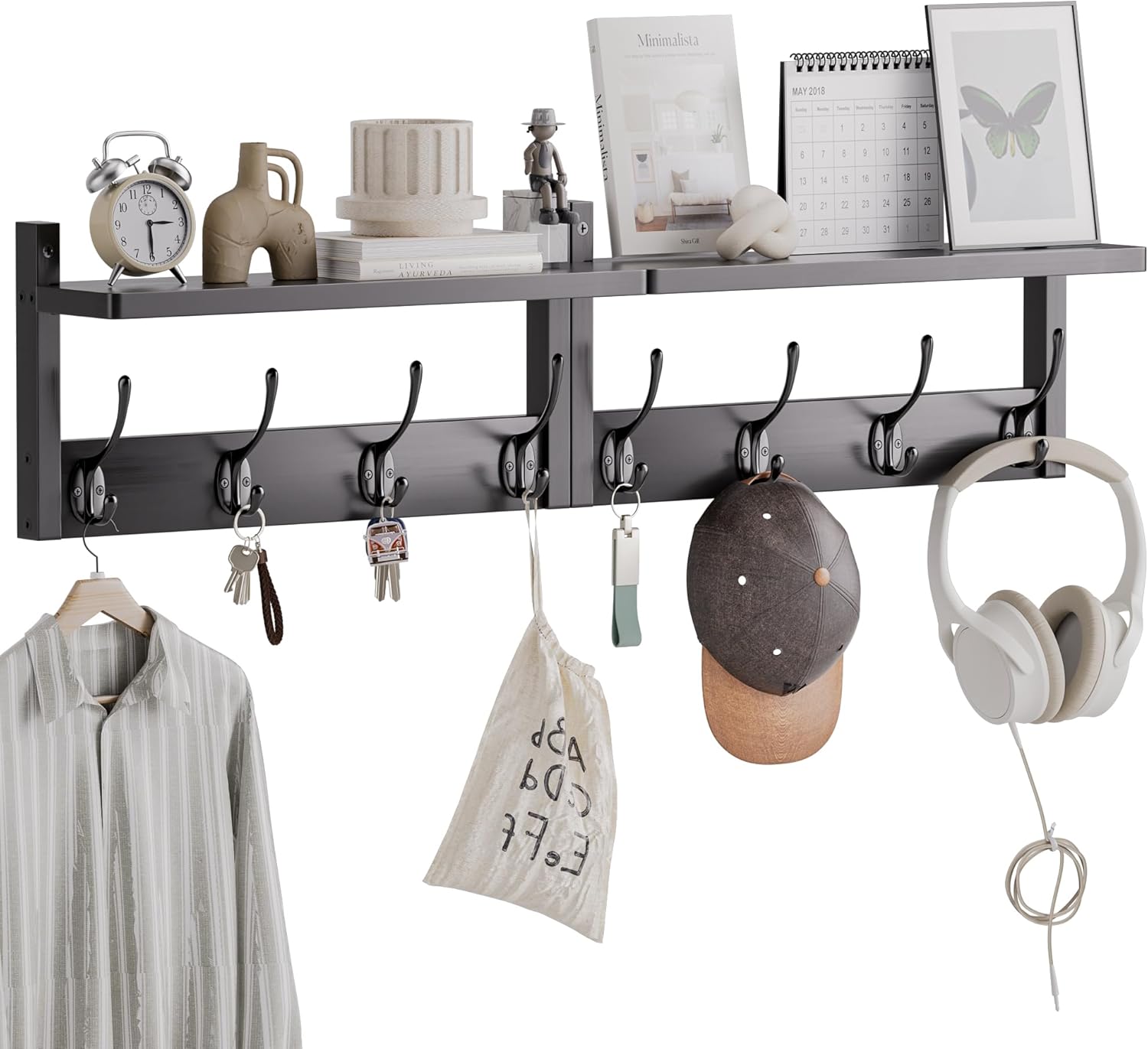 Stellstar Bamboo Coat Rack with 8 Hooks 2-Pack Black
