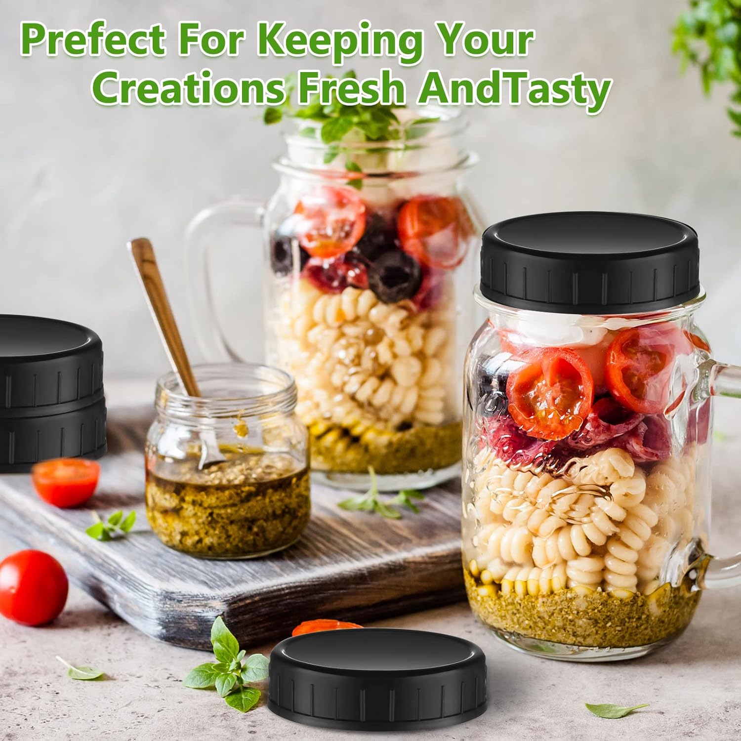 Inbagi 30 Pcs Mason Jar Plastic Lids with Rubber Seal Black