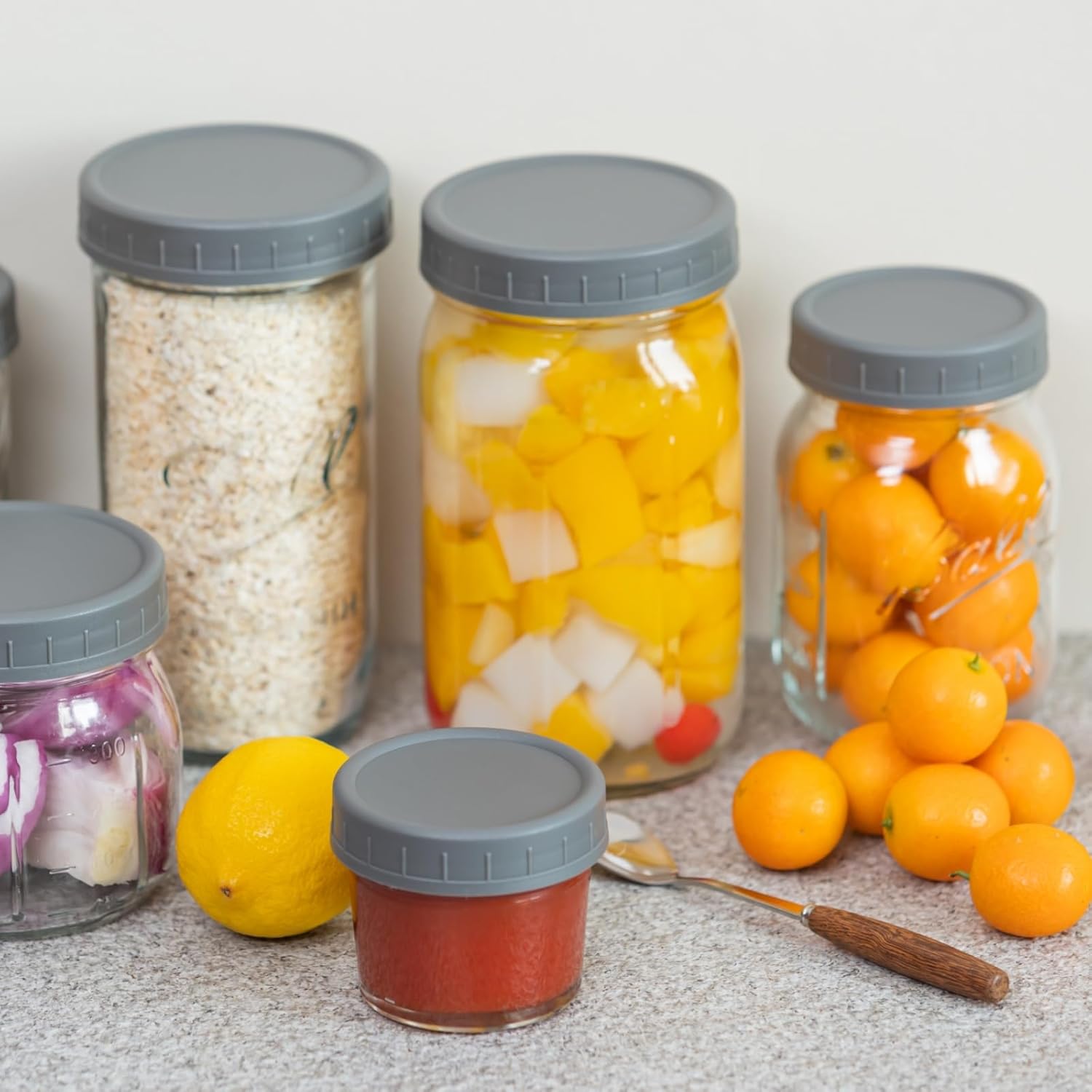 14-Pack Gray Plastic Mason Jar Lids with Silicone Rings