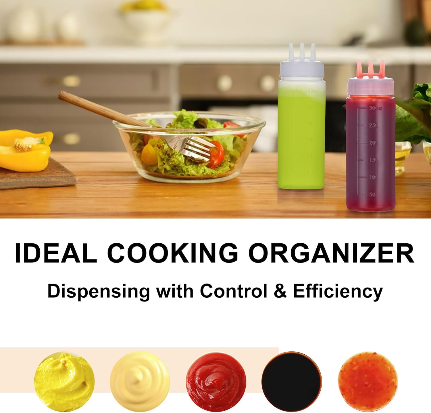 Uceoo 2 Pack Condiment Squeeze Bottles with 3 Hole Nozzles and 2 Funnels