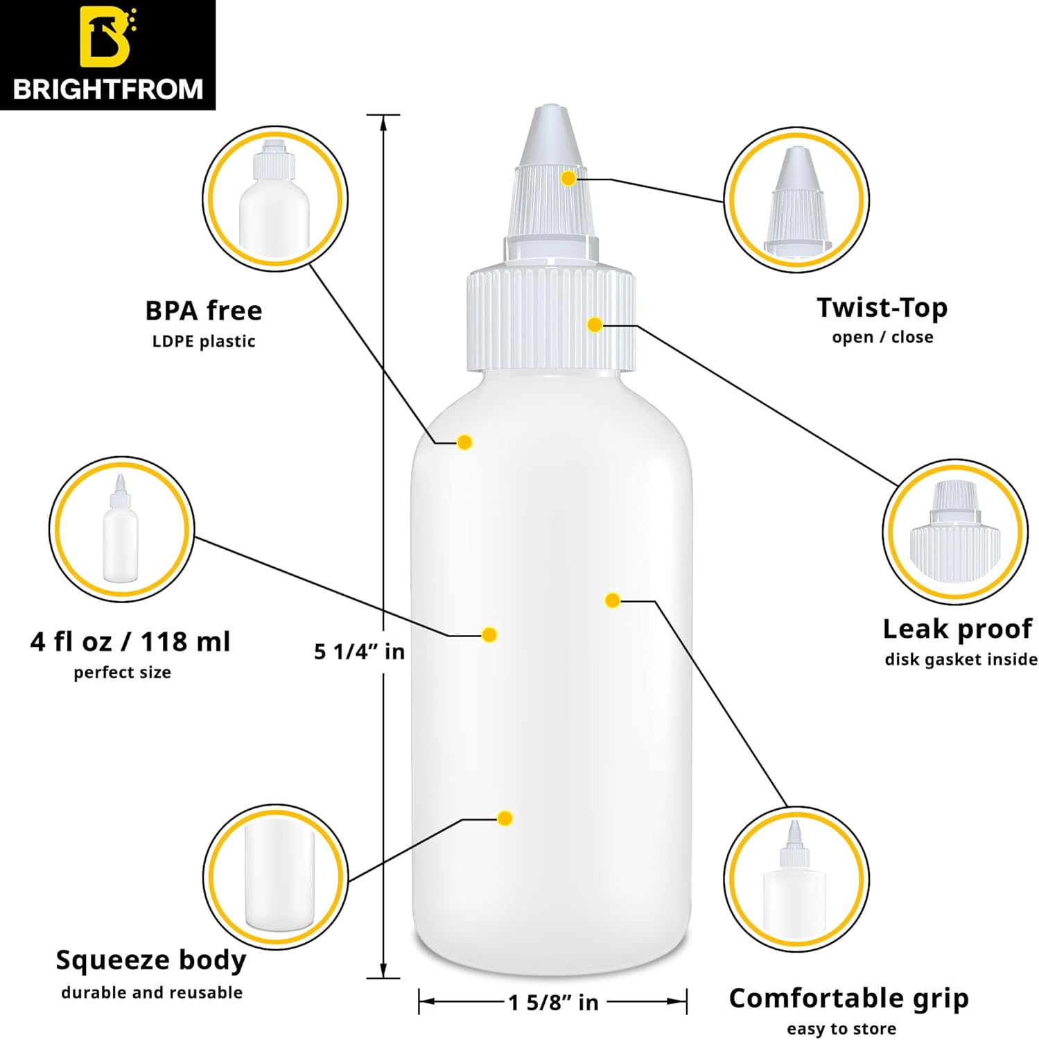 BRIGHTFROM 4 Oz Squeeze Bottles - Leak Proof BPA Free Pack of 4