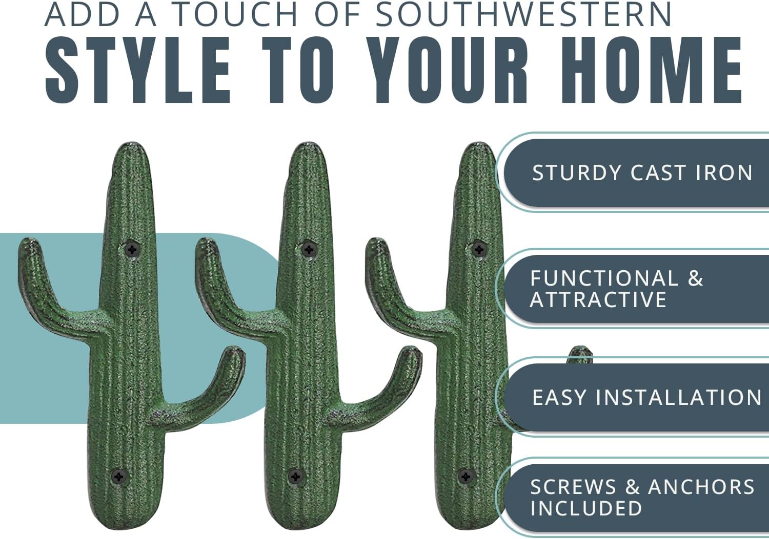 Comfify Rustic Green Cactus Cast Iron Hook Set of 3
